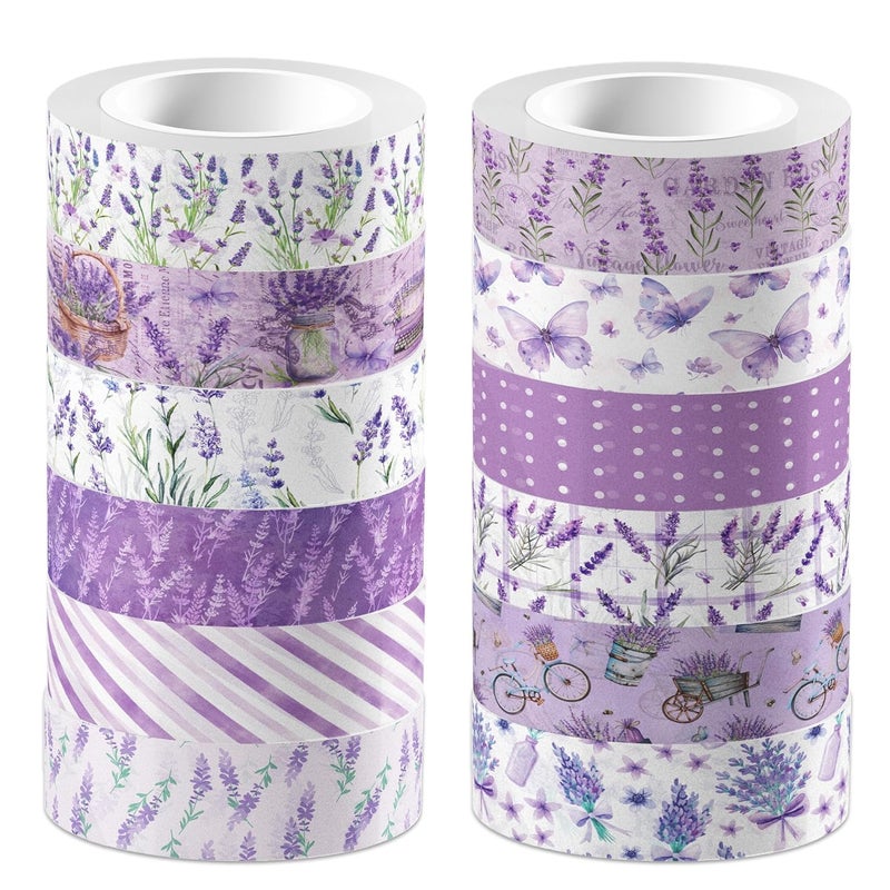 JOINFANXIN 12 Rolls of Lavender Washi Tape, Purple Floral Decorative Tape, DIY Flower Butterfly Pattern Sticker for Journals, Planners, Scrapbooking, Packaging, Crafts, Party Supplies Favors - Image 1